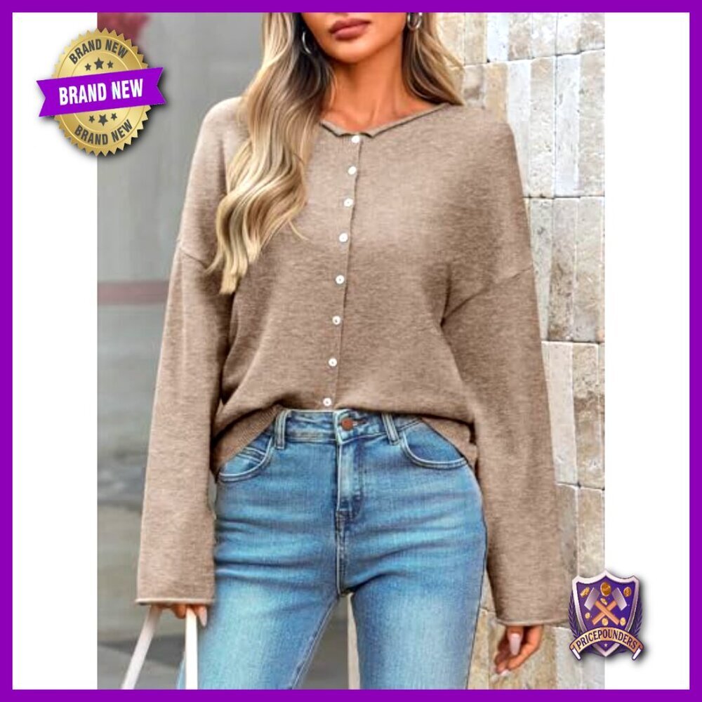 Button Up Cardigan Sweater Long Sleeve Crew Neck Lightweight Knit Loose Fit - Picture 4 of 7